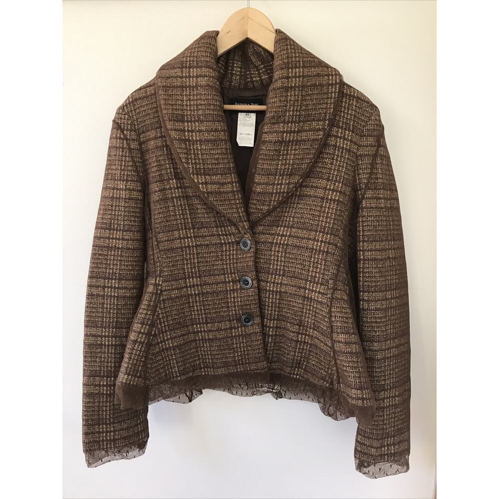 Patrizia Pepe Plaid Wool Blend Fine Mesh Lace Italian Blazer Jacket 42 30" M